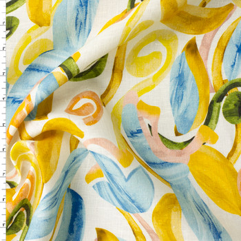 Sky, Gold, and Olive Painterly Scrollwork Italian Linen/Cotton #32620 Fabric By The Yard