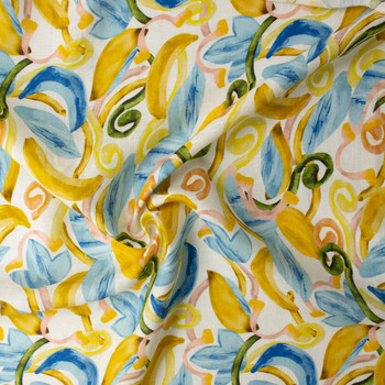 Sky, Gold, and Olive Painterly Scrollwork Italian Linen/Cotton #32620 Fabric By The Yard - Wide shot