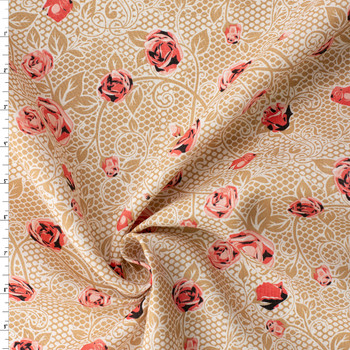 Scrolling Pink and Tan Rose Floral Japanese Linen #32621 Fabric By The Yard