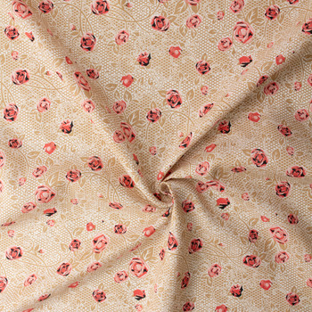 Scrolling Pink and Tan Rose Floral Japanese Linen #32621 Fabric By The Yard - Wide shot
