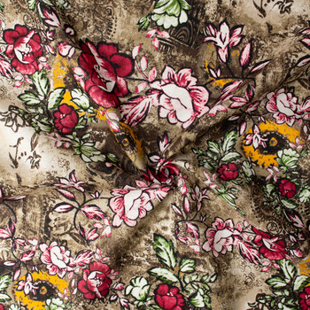Grunge Wine, Gold, and Brown Floral Japanese Linen #32622 Fabric By The Yard - Wide shot