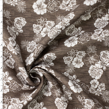 White Island Floral on Charcoal Italian Linen/Cotton #32628 Fabric By The Yard