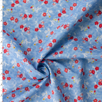 Red Posies on Mottled Sky Italian Linen/Cotton #32629 Fabric By The Yard