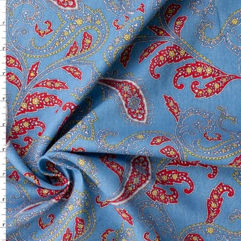 Red, Yellow, and White leafy Paisley on Sky Blue Italian Linen/Cotton #32630 Fabric By The Yard