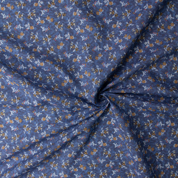 Tan Posies on Mottled Slate Italian Linen/Cotton #32631 Fabric By The Yard - Wide shot