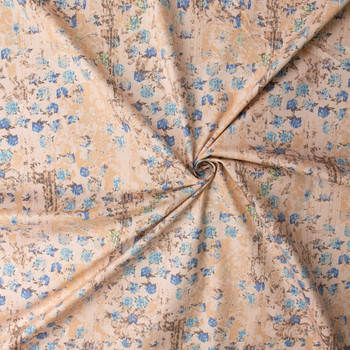 Blue and Pink Tiled Grunge Floral Stretch Cotton Poplin #32654 Fabric By The Yard - Wide shot