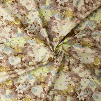 Tan and Yellow Abstract Floral Stretch Cotton Sateen #32657 Fabric By The Yard - Wide shot