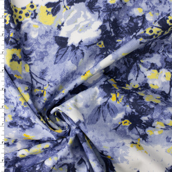Navy and Yellow Abstract Floral Stretch Cotton Sateen #32659 Fabric By The Yard