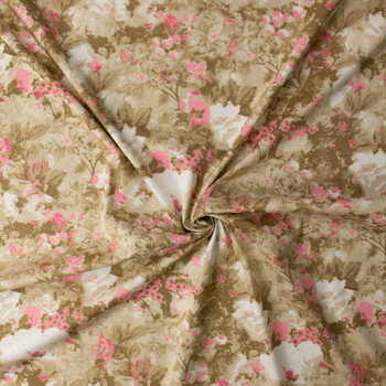 Neon Pink and Tan Abstract Floral Stretch Cotton Sateen #32661 Fabric By The Yard - Wide shot