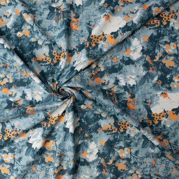 Neon Orange and Charcoal Abstract Floral Stretch Cotton Sateen #32662 Fabric By The Yard - Wide shot