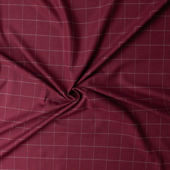 Grey on Wine Windowpane Plaid Italian Cotton Flannel #32674 Fabric By The Yard - Wide shot
