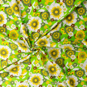 Retro Floral on Neon Lime Italian Cotton Lawn #32718 Fabric By The Yard - Wide shot