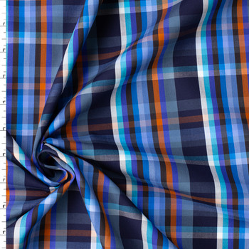Navy, Turquoise, and Rust Plaid Designer Cotton Shirting #32749 Fabric By The Yard