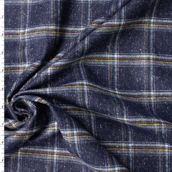 Sky, Brown, and White on Navy Speckled Plaid Italian Wool Blend Flannel #32769 Fabric By The Yard