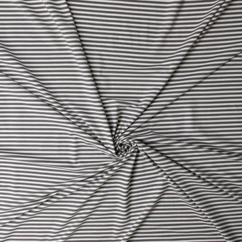 Grey and White Horizontal Mini Stripes Designer Stretch Rayon Jersey Knit #32909 Fabric By The Yard - Wide shot
