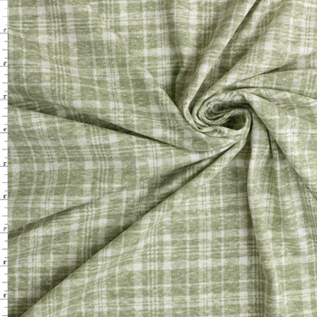 Sage and White Washed Grunge Plaid Designer Stretch Cotton Jersey Knit #32918 Fabric By The Yard