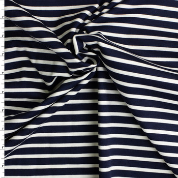 White on Navy Horizontal Pencil Stripe Designer Ponte De Roma #32922 Fabric By The Yard