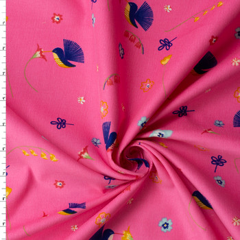 Whimsical Hummingbirds on Pink Baby Wale Corduroy #32954 Fabric By The Yard