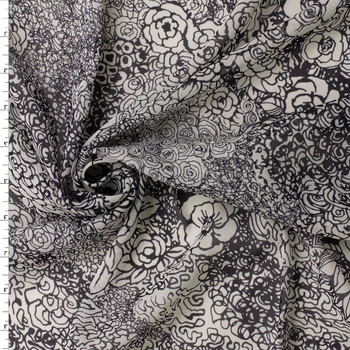 Black on Warm White Sketch Floral Silk Chiffon #32965 Fabric By The Yard