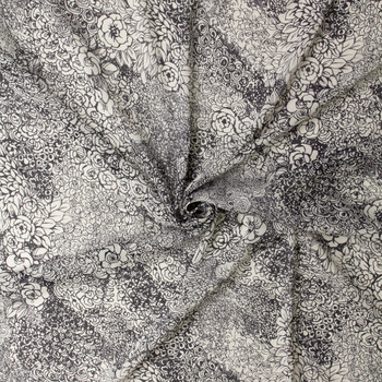 Black on Warm White Sketch Floral Silk Chiffon #32965 Fabric By The Yard - Wide shot