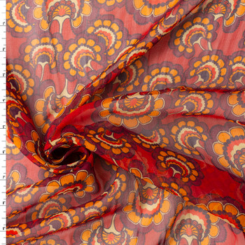 Red and Orange Retro Floral Silk Chiffon #32967 Fabric By The Yard