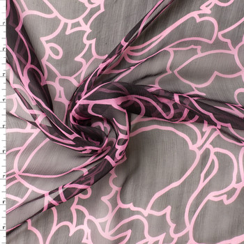 Hot Pink and Black Layered Outline Floral Silk Chiffon #32970 Fabric By The Yard