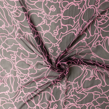 Hot Pink and Black Layered Outline Floral Silk Chiffon #32970 Fabric By The Yard - Wide shot