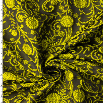 Lime and Black Scrolling Floral Designer Brocade #32971 Fabric By The Yard