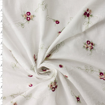 Wine, Pink, and Green Rose Vine Floral on White Embroidered Italian Cotton #33048 Fabric By The Yard