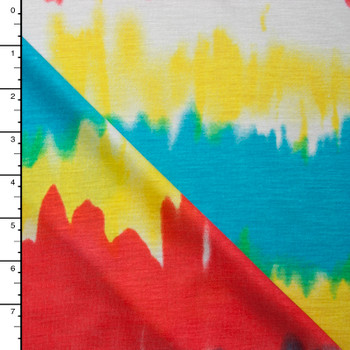 Red Orange, Yellow, Blue, and White Watercolor Stripe Rayon Jersey