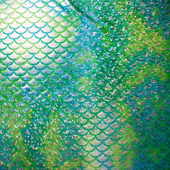 Silver on Tie Dye Aqua and Lime Holographic Mermaid Scale Nylon/Spandex