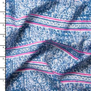 Pink and Blue Pattern Stripe on White Rayon Challis Print