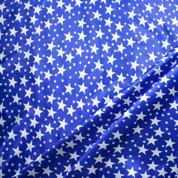 White Stars on Blue Lightweight Satin Fabric By The Yard - Wide shot