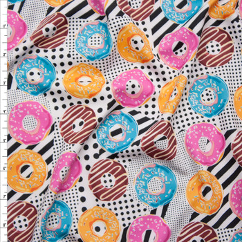 Bright Donuts on Black and White Dots and Stripes Spandex Print Fabric By The Yard