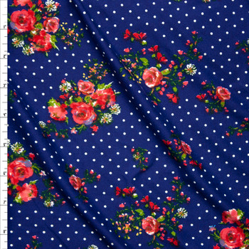 Rose Floral on Black and Navy Polka Dot Double Brushed Poly Spandex Fabric By The Yard