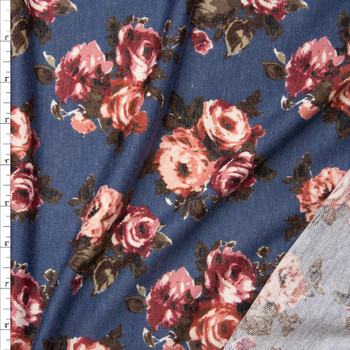 Rose Floral on Slate Blue Heather Lightweight Poly/Rayon French Terry Fabric By The Yard