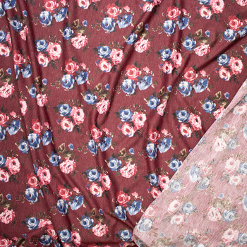 Rose Floral on Wine Lightweight Poly/Rayon French Terry Fabric By The Yard - Wide shot