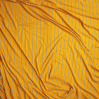 Black and White Narrow Vertical Stripe on Goldenrod Yellow Double Brushed Poly Spandex Fabric By The Yard - Wide shot