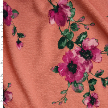 Fuchsia and Green Floral on Dusty Coral Liverpool Knit Fabric By The Yard