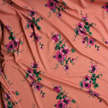 Fuchsia and Green Floral on Dusty Coral Liverpool Knit Fabric By The Yard - Wide shot