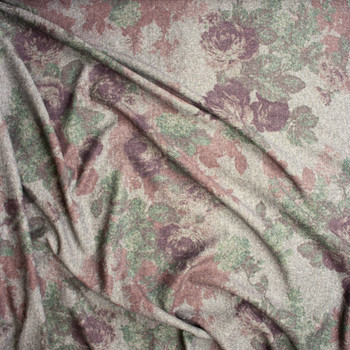 Ivory and Brown Herringbone With Floral Overlay Poly/Wool Suiting Fabric By The Yard - Wide shot