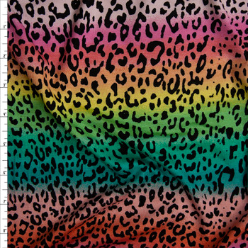 Cheetah Print on Bright Pink, Yellow, and Green Ombre Rainbow Stretch Rayon Jersey Knit Fabric By The Yard