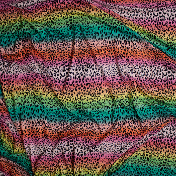 Cheetah Print on Bright Pink, Yellow, and Green Ombre Rainbow Stretch Rayon Jersey Knit Fabric By The Yard - Wide shot