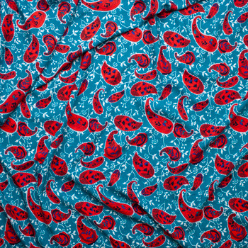 Red Paisleys and Ivory Branches on Teal Rayon Challis Fabric By The Yard - Wide shot