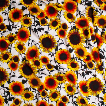 Yellow and Black Sunflower Floral on White Rayon Challis Fabric By The Yard - Wide shot Yellow and Black Sunflower Floral on White Rayon Challis Fabric By The Yard - Wide shot