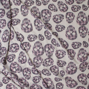 Blush Flowery Skulls on Offwhite Chiffon Print Fabric By The Yard - Wide shot