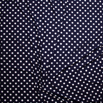 White on Navy 1/2” Polka Dot Double Brushed Poly/Spandex Knit Fabric By The Yard - Wide shot
