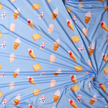 Ice Cream and Cookies on Light Blue Brushed Poly Spandex Knit Fabric By The Yard - Wide shot