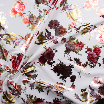 Red and Gold Floral on White Scuba Knit Fabric By The Yard - Wide shot