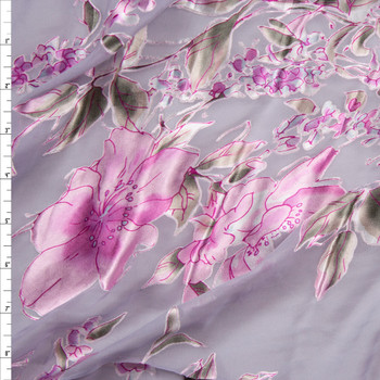 Designer Pink Floral on Light Grey Silk Burnout Fabric By The Yard